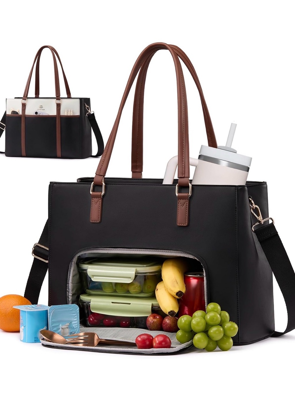 Lovevook Black and Brown Laptop Tote with Cooler Pocket for lunch